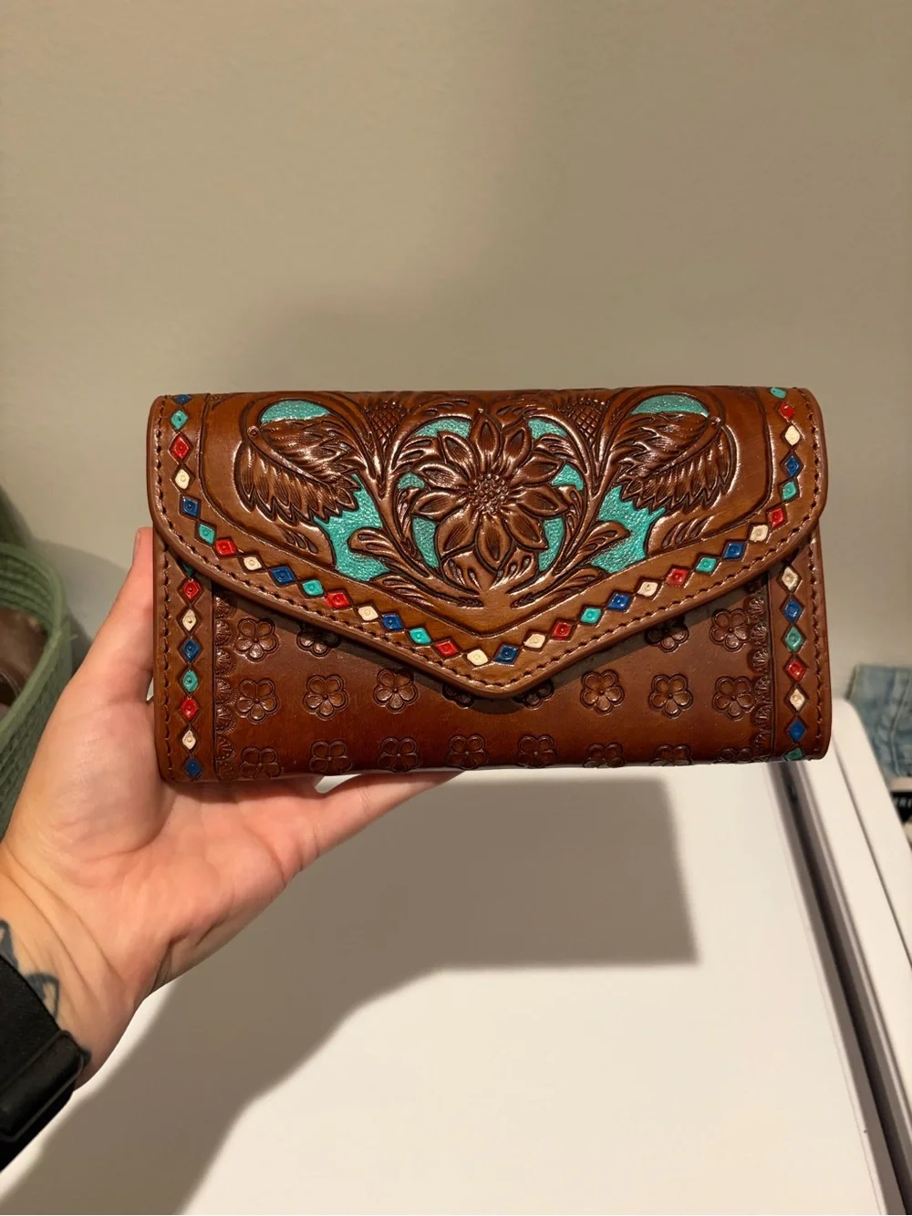 Brown Tooled Leather Wallet Clutch with Turquoise Accents